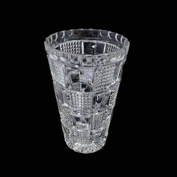 Vintage Lead Crystal Glass Circle Square Patterned Vase Thumbprint 8" Tapered - Picture 2 of 9